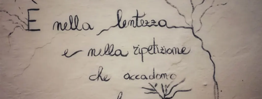 Una scritta a mano su un muro: «È nella lentezza e nella ripetizione che accadono le cose»