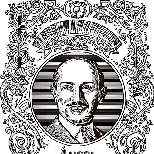 Ritratto inciso di Ángel D'Agostino dentro una cornice ornata