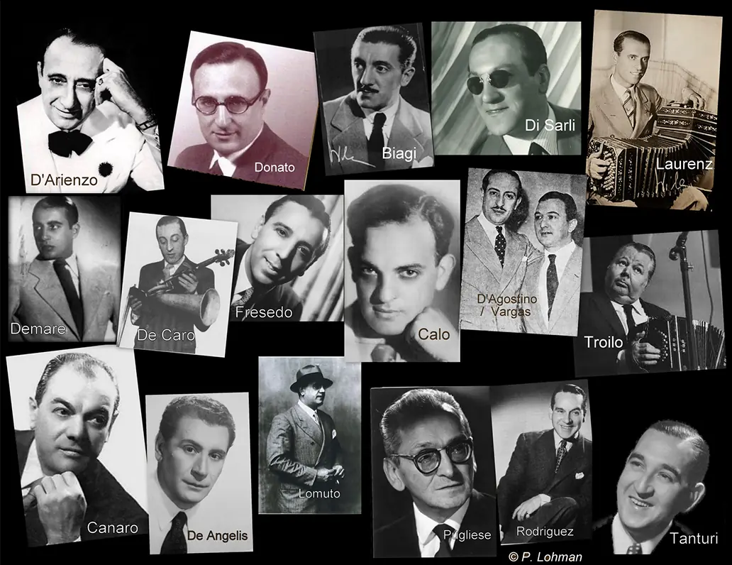 Collage di ritratti dei direttori delle orchestre di tango argentino